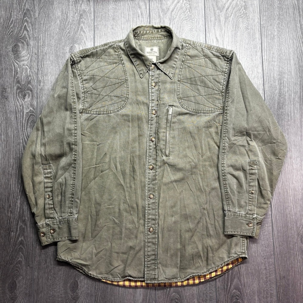 Beretta Mens Shooting Shirt Large Olive Green Quilted Shoulder Flannel Lined L